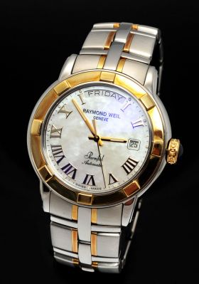 2010 Raymond Weil, 40mm "Parsifal Day-Date" automatoc in 18KYG & Steel with Pearl dial. B&P