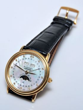 Blancpain, 34mm "Villeret" full Calendar with moonphase automatic in 18KYG with diamonds & Pearl dial