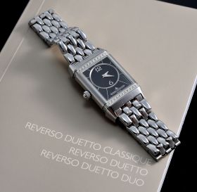 Jaeger LeCoultre, lady's "Reverso Duetto Classique" Ref.Q2568102 in Steel with diamonds