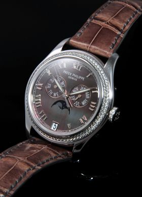 Patek Philippe, 37mm "Annual Calendar Moonphase" Ref.4936G-001 in 18KWG with diamonds bezel & pearl dial