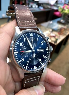 *NEW IWC 43mm Le Petit Prince Pilot's Chronograph Ref.3777-14 auto day-date antimagnetic in Steel with Blue dial & Santoni strap