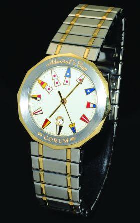 Corum 35mm Admiral's Cup quartz with date Ivory dial Naval Flags Ref.99.810.21V52 in 18KYG & Steel