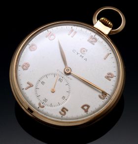 Cyma C.1950s 41mm Cymaflex open face manual winding pocket watch in 18K Pink Gold