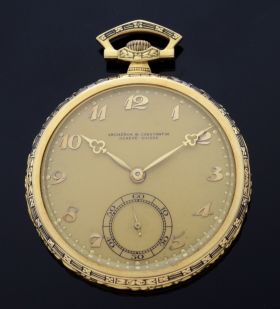 C.1925 Vacheron & Constantin Geneve-Suisse 44mm Art Deco Open face pocket watch with Breguet numerals in 18KYG & enamel. Cert