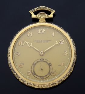 C.1926 Vacheron & Constantin Geneve-Suisse 44mm Art Deco Open face pocket watch with Breguet numerals in 18KYG & enamelling