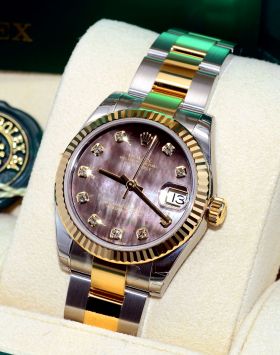 *NEW* Rolex 31mm Oyster Perpetual "Datejust" Chronometer Ref.178273 Black MOP dial with diamonds in 18KYG & Steel