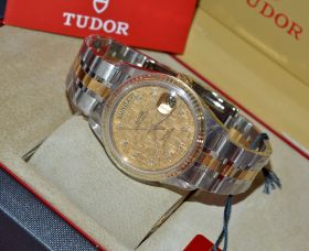 Unused 2010 Tudor 36mm Prince Day-date Ref.76213 automatic rotor self-winding in 18KYG & Steel with diamonds