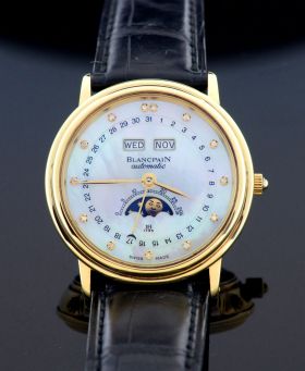 Blancpain, 34mm Villeret Quantieme 6595 full Calendar with moonphase automatic in 18KYG with diamonds & Pearl dial