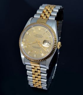 1989 Rolex 36mm Oyster Perpetual "Datejust" Chronometer Ref.16233 in 18KYG & Steel with Rare Houndstooth dial+10 Diamonds