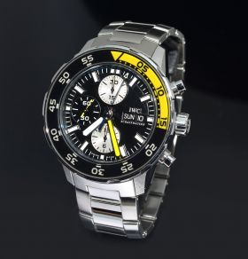 2009 IWC, 44mm "Aquatimer Chronograph" automatic Day-date Ref.3767-08 black in Steel. B&P