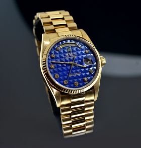 1980 Rolex 36mm Oyster Perpetual Day-Date President Chronometer 18038 in 18KYG with rare Hobnail Lapis Lazuli diamonds dial. B&P
