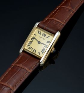 C.1980s Cartier Lady's "Tank Must de Cartier Vermeil" mechanical manual winding watch in 925 Silver case & Yellow Gold plated