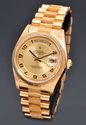 Rolex C.1978 36mm rare Oyster Perpetual President Day-date Chronometer Ref.18078 Bark finished in 18KYG with Rolex service