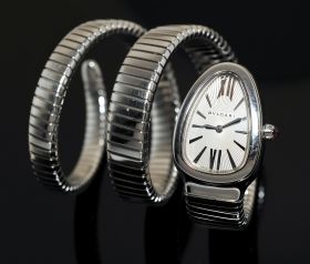 Bvlgari lady's Serpenti Tubogas double spiral watch SP35S in stainless steel case and bracelet, with silver opaline dial