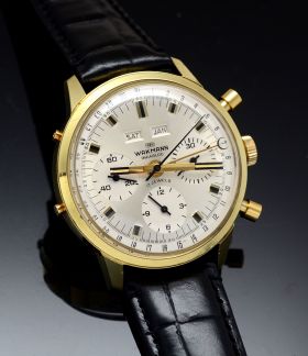 Wakmann C.1970s 37.5mm Triple Calendar Chronograph Valjoux 730 manual wind in Yellow Gold plated case