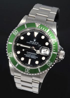*New Old Stock* Rolex, 40mm Oyster Perpetual Date 50th anniversary "Green Submariner" Ref.16610LV Chronometer in Steel. V Series
