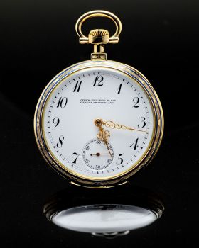 C.1907 Patek Philippe & Cie, Geneva Switzerland Open face pocket watch 45.5mm in 18YG with filigree and blue enamel. Cert