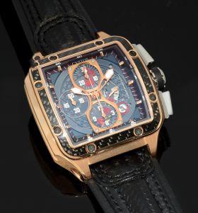 Custos, 45mm "Evosquare 45" semi-skeletonised Chronograph automatic date power reserve in 18KPG & Carbon+Boxes