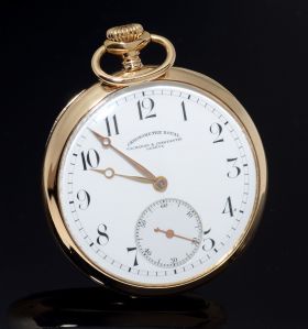 C.1920s Vacheron & Constantin Genève 49mm Chronometre Royal Open face pocket watch with white enamel dial in 18KYG with Orig Box