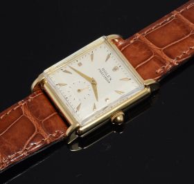 C.1940s Rolex Precision vintage rectangular Tank Ref.4611 with extended lugs manual winding with small seconds in 18KYG