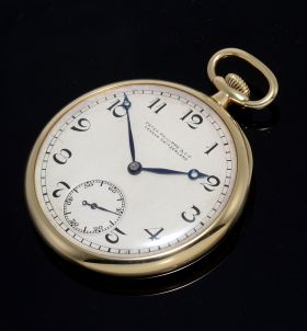 Patek Philippe & Cie, Geneva Switzerland 45mm Circa 1920s Art Deco Open Face Pocket Watch in polished 14KYG with small seconds