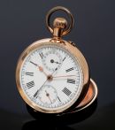 C.1900s Anonymous 46mm Swiss Open Face Single-button Chronograph White enamel dial Roman numerals 2 registers in 14KPG