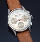 1946 Leonidas 35mm manual winding Valjoux 72C triple register Chronograph complete calendar in Steel with box, papers and tag