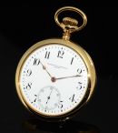 C.1905 Vacheron & Constantin Genève 45mm Open face pocket watch with white enamel dial in 18KYG. Archive cert