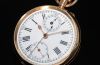 C.1900s Anonymous 46mm Swiss Open Face Single-button Chronograph White enamel dial Roman numerals 2 registers in 14KPG