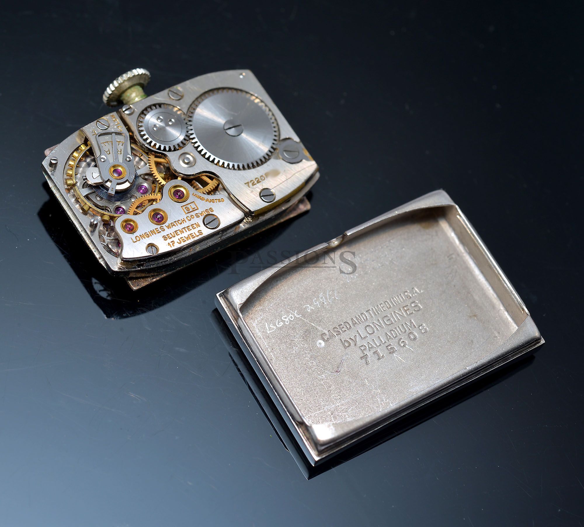 C.1946 Rare Longines rectangular Tank manual winding small seconds Diamonds dial in Palladium case with a 14KWG bracelet. Box Passions Watch Exchange Singapore s Premier Pre owned Watch Dealer