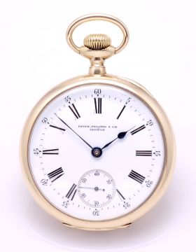 Patek Philippe & Cie, Geneva Switzerland 50mm Circa 1900 Open Face Pocket Watch in 14KYG with American Indian chief history
