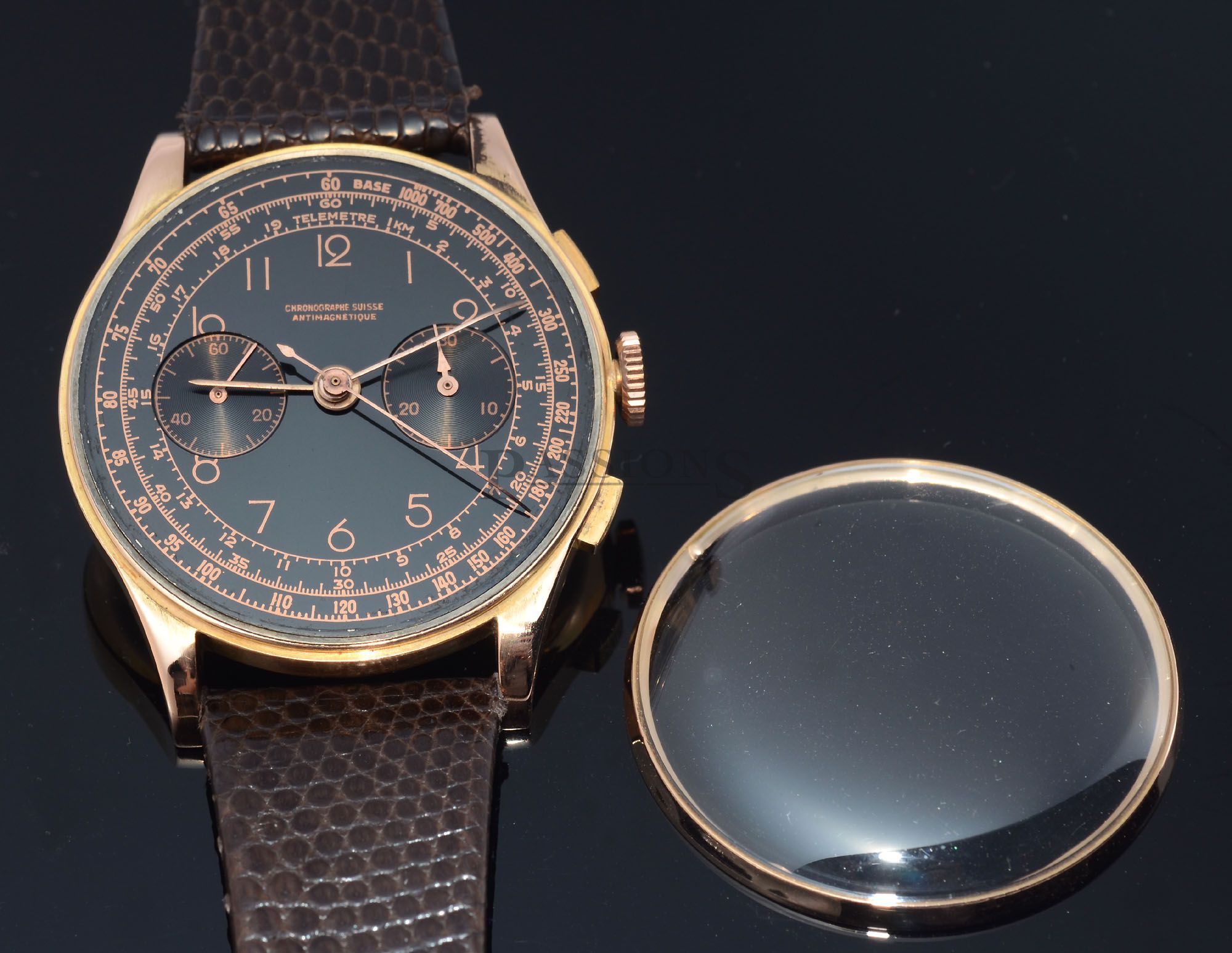 C.1930s Chronographe Suisse jumbo 38mm Antimagetique manual winding 17j Chronograph with pink gold gilt Black dial in 18KPG Passions Watch Exchange Singapore s Premier Pre owned Watch Dealer